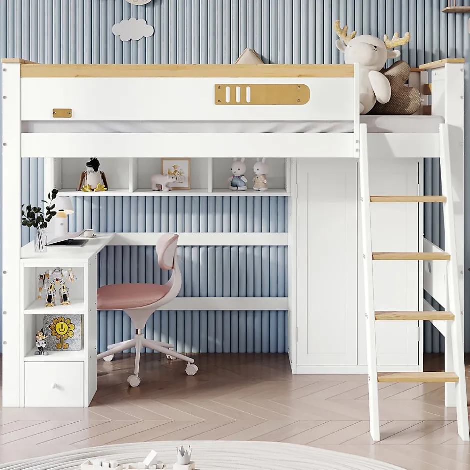 Okwish Lit Mezzanine enfant 90x200 cm Bois avec Bureau, Échelle à Niveaux, Protection Anti-Chute, Rangement, Blanc/Naturel, Sans Matelas