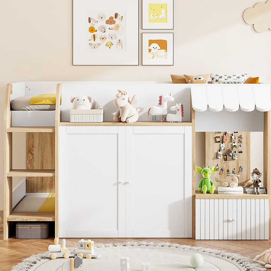 Okwish Lit Mezzanine enfant 90x200 cm avec Échelle et Rangement Ouvert - Bois Massif Naturel et Blanc, Sans Matelas
