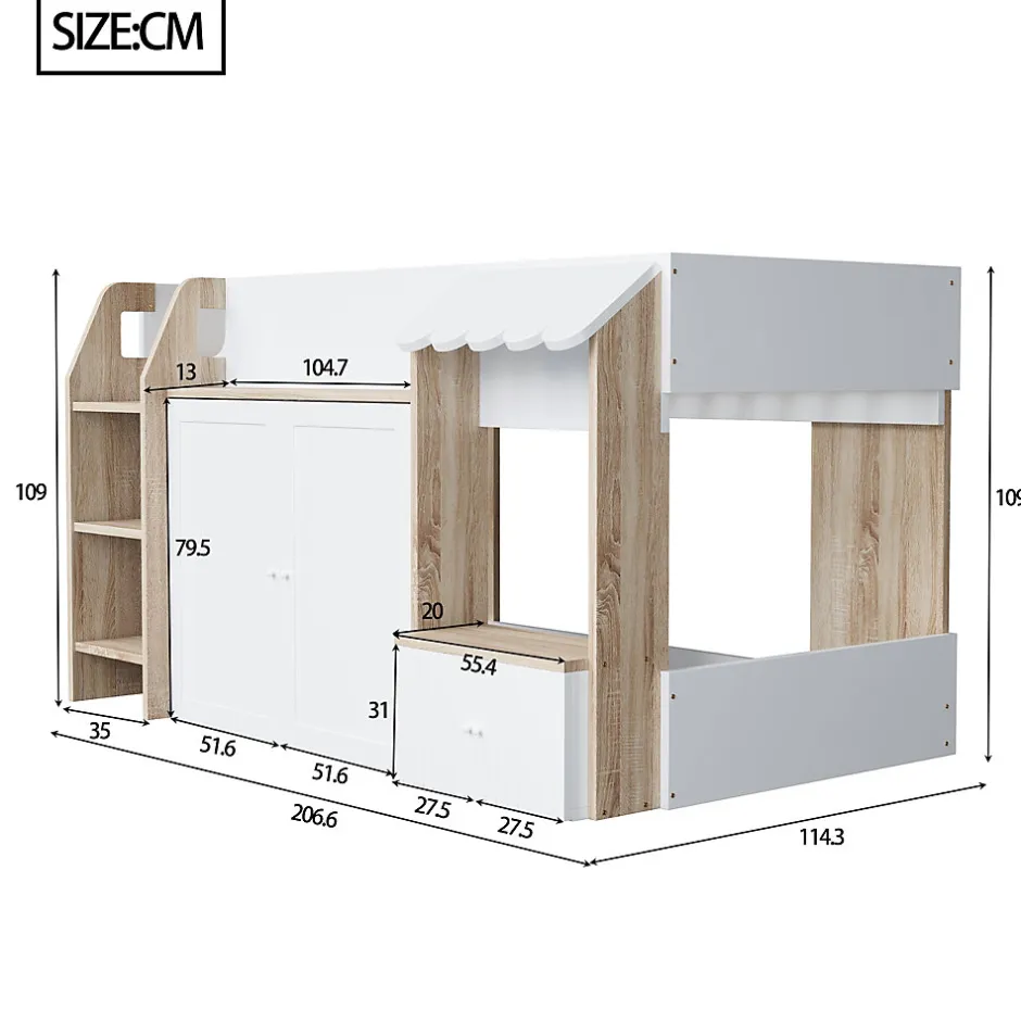 Okwish Lit Mezzanine enfant 90x200 cm avec Échelle et Rangement Ouvert - Bois Massif Naturel et Blanc, Sans Matelas