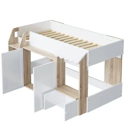 Okwish Lit Mezzanine enfant 90x200 cm avec Échelle et Rangement Ouvert - Bois Massif Naturel et Blanc, Sans Matelas