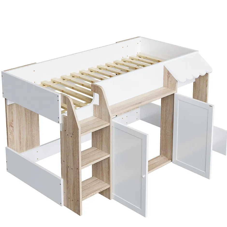 Okwish Lit Mezzanine enfant 90x200 cm avec Échelle et Rangement Ouvert - Bois Massif Naturel et Blanc, Sans Matelas