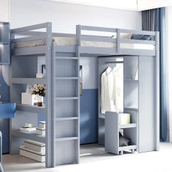 Okwish Lit Mezzanine enfant 90x200 cm en Bois Gris avec Étagères, Porte-Vêtements & Chariot de Rangement Amovible - Multifonction - Gris