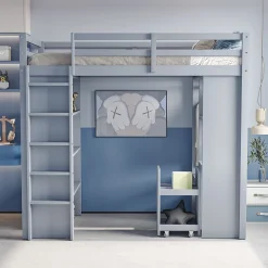 Okwish Lit Mezzanine enfant 90x200 cm en Bois Gris avec Étagères, Porte-Vêtements & Chariot de Rangement Amovible - Multifonction - Gris