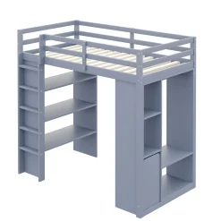 Okwish Lit Mezzanine enfant 90x200 cm en Bois Gris avec Étagères, Porte-Vêtements & Chariot de Rangement Amovible - Multifonction - Gris