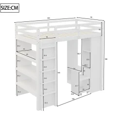 Okwish Lit Mezzanine enfant 90x200 cm en Bois avec Étagères, Porte-Vêtements & Chariot de Rangement Amovible - Multifonction - Blanc Discount