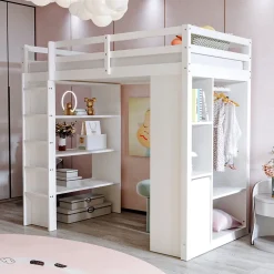 Okwish Lit Mezzanine enfant 90x200 cm en Bois avec Étagères, Porte-Vêtements & Chariot de Rangement Amovible - Multifonction - Blanc Discount
