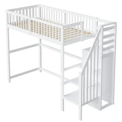 Okwish Lit Mezzanine enfant 90x200 cm avec Rangement, Escalier et Petit Dressing Intégré, Multifonction pour Chambre Ado, Blanc Sale