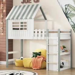Okwish Lit Mezzanine enfant 90x200 cm - Lit Cabane avec Échelle de Sécurité, Rangement Intégré, Bois Massif MDF, Vert, Sans Matelas