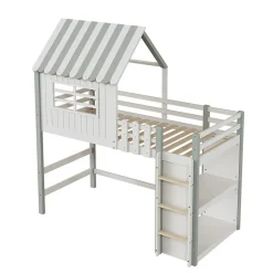 Okwish Lit Mezzanine enfant 90x200 cm - Lit Cabane avec Échelle de Sécurité, Rangement Intégré, Bois Massif MDF, Vert, Sans Matelas