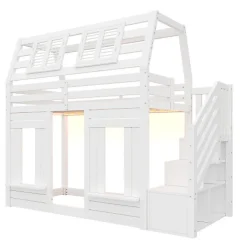 ModernLuxe Lit mezzanine enfant 90x200cm avec LED - Barrières de sécurité et échelle de rangement - MDF + Bois massif - Blanc (sans matelas)