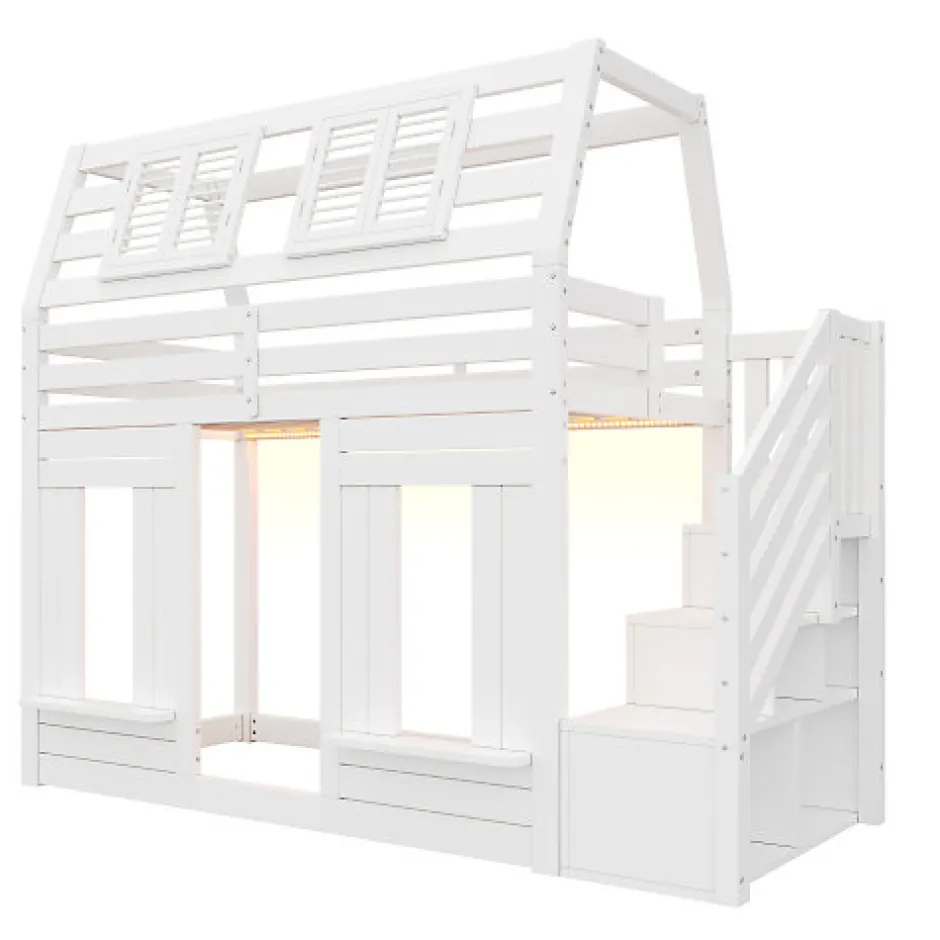 ModernLuxe Lit mezzanine enfant 90x200cm avec LED - Barrières de sécurité et échelle de rangement - MDF + Bois massif - Blanc (sans matelas)
