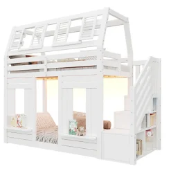 ModernLuxe Lit mezzanine enfant 90x200cm avec LED - Barrières de sécurité et échelle de rangement - MDF + Bois massif - Blanc (sans matelas)