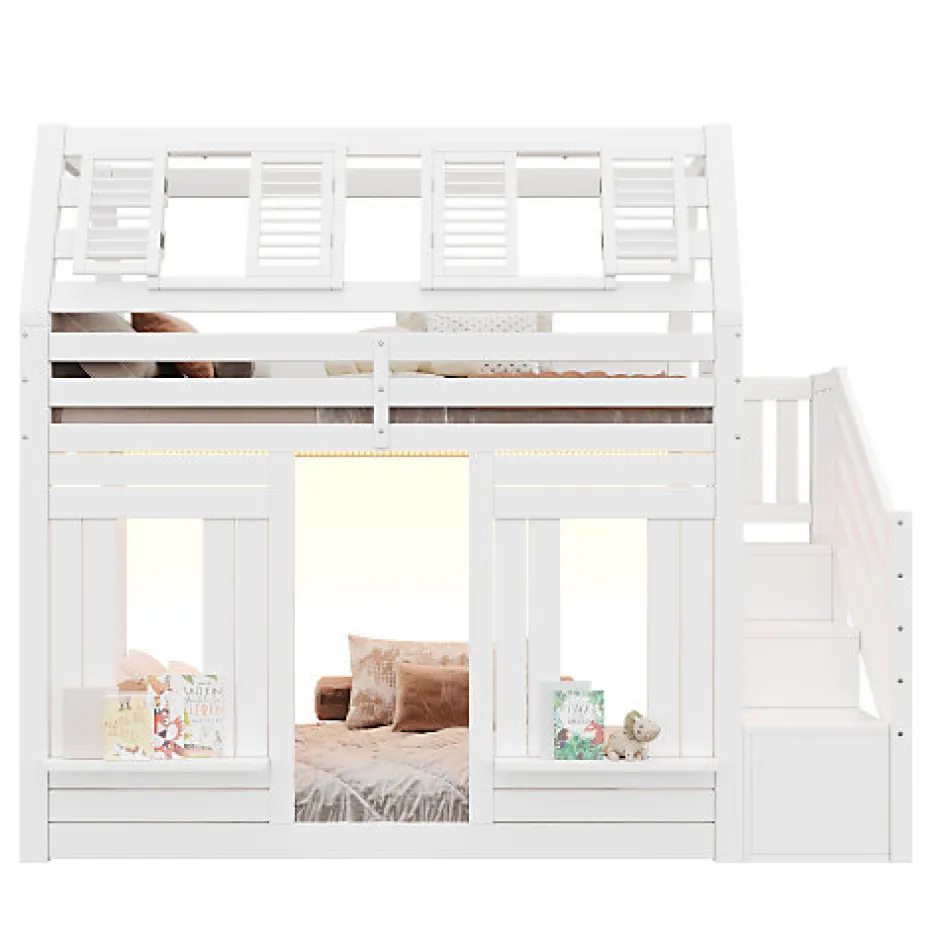 ModernLuxe Lit mezzanine enfant 90x200cm avec LED - Barrières de sécurité et échelle de rangement - MDF + Bois massif - Blanc (sans matelas)