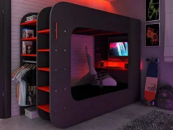Vente-unique Lit mezzanine gamer 90 x 200 cm - Avec bureau et rangements - Avec LEDs - Anthracite et rouge - WARRIOR