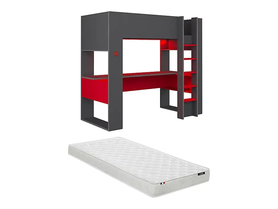 Vente-unique Lit mezzanine gamer NOAH avec bureau et rangements intégrés - 90 x 200 cm - Avec LEDs - Anthracite et rouge + matelas Discount