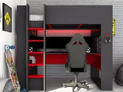Vente-unique Lit mezzanine gamer NOAH avec bureau et rangements intégrés - 90 x 200 cm - Avec LEDs - Anthracite et rouge + matelas Discount