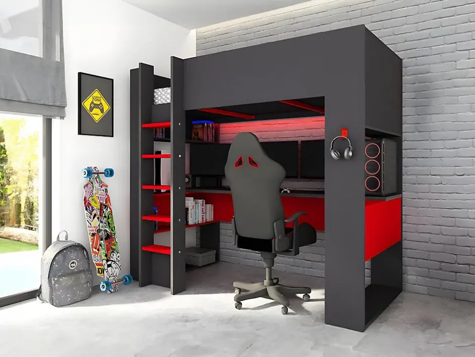 Vente-unique Lit mezzanine gamer NOAH avec bureau et rangements intégrés - 90 x 200 cm - Avec LEDs - Anthracite et rouge Hot