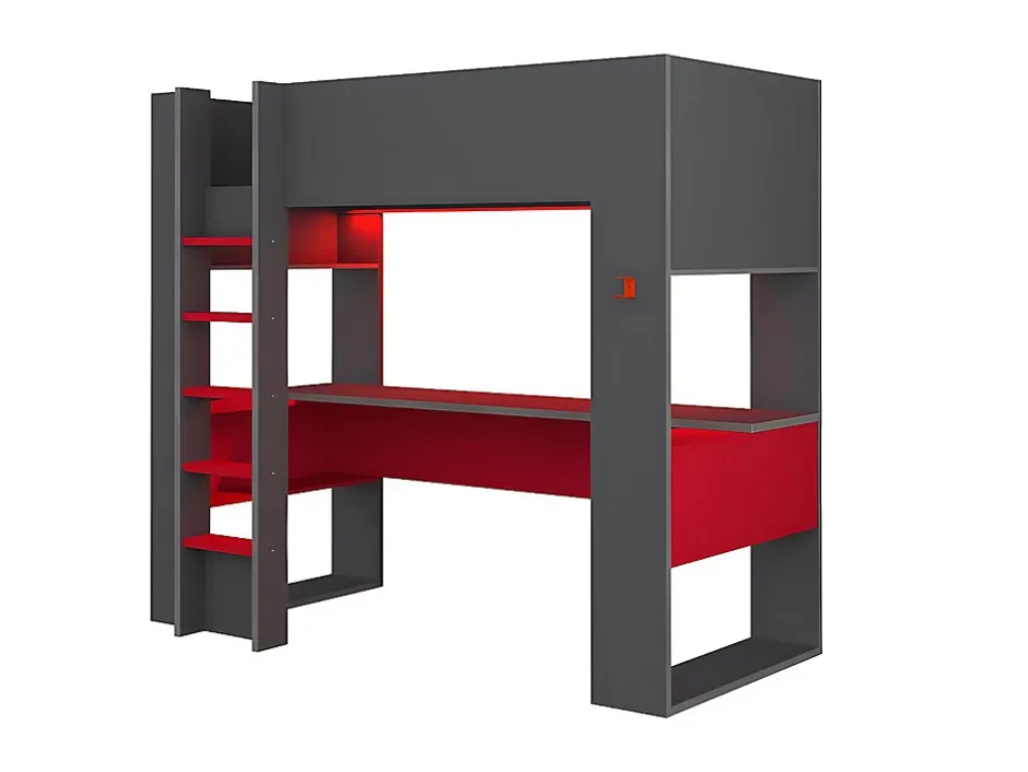Vente-unique Lit mezzanine gamer NOAH avec bureau et rangements intégrés - 90 x 200 cm - Avec LEDs - Anthracite et rouge Hot