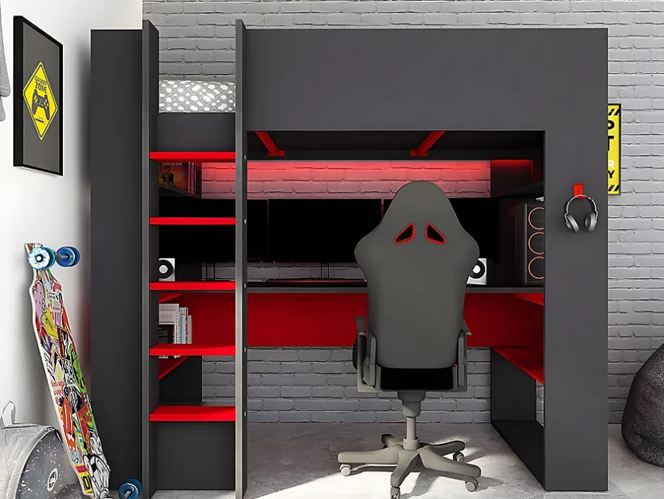 Vente-unique Lit mezzanine gamer NOAH avec bureau et rangements intégrés - 90 x 200 cm - Avec LEDs - Anthracite et rouge Hot