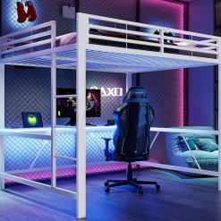 ModernLuxe Lit mezzanine gaming en métal 160x200cm - avec bureau - avec éclairage LED et port de chargement USB - Blanc(sans matelas)