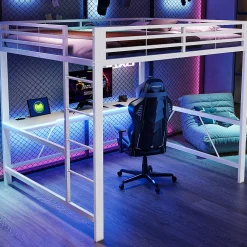 ModernLuxe Lit mezzanine gaming en métal 160x200cm - avec bureau - avec éclairage LED et port de chargement USB - Blanc(sans matelas)