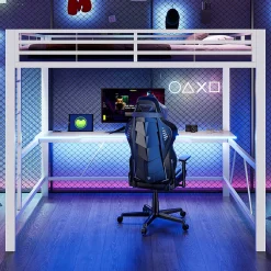 ModernLuxe Lit mezzanine gaming en métal 160x200cm - avec bureau - avec éclairage LED et port de chargement USB - Blanc(sans matelas)