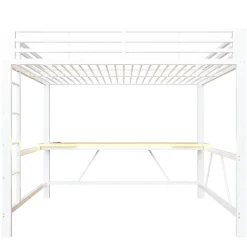 ModernLuxe Lit mezzanine gaming en métal 160x200cm - avec bureau - avec éclairage LED et port de chargement USB - Blanc(sans matelas)
