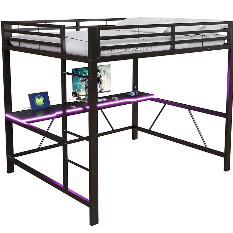 ModernLuxe Lit mezzanine gaming en métal 160x200cm - avec bureau - avec éclairage LED et port de chargement USB - Noir(sans matelas) Discount