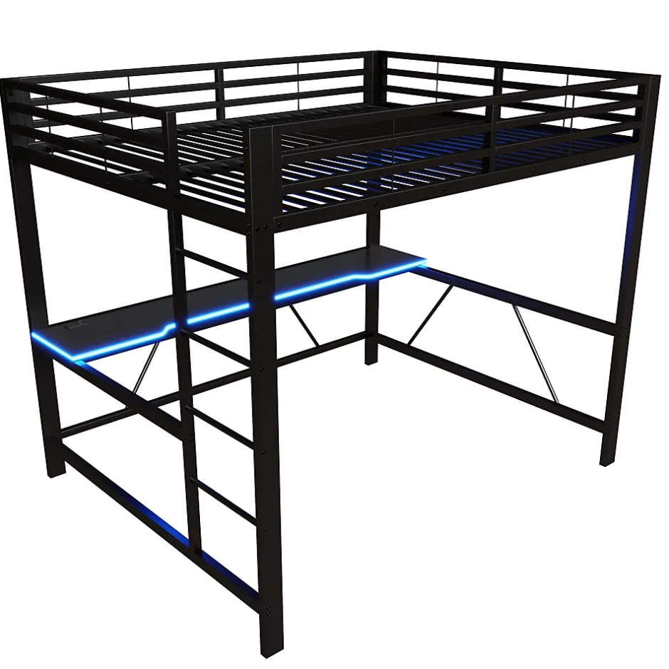 ModernLuxe Lit mezzanine gaming en métal 160x200cm - avec bureau - avec éclairage LED et port de chargement USB - Noir(sans matelas) Discount