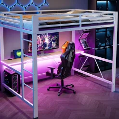 ModernLuxe Lit mezzanine gaming en métal 140x200cm - avec bureau - avec éclairage LED et port de chargement USB - Blanc(sans matelas)