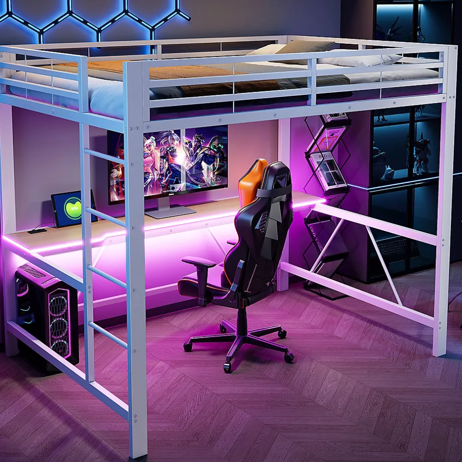 ModernLuxe Lit mezzanine gaming en métal 140x200cm - avec bureau - avec éclairage LED et port de chargement USB - Blanc(sans matelas)
