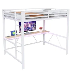 ModernLuxe Lit mezzanine gaming en métal 140x200cm - avec bureau - avec éclairage LED et port de chargement USB - Blanc(sans matelas)