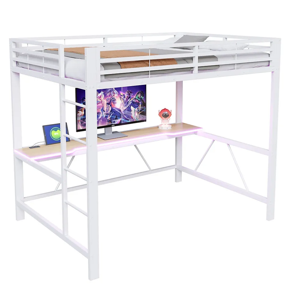 ModernLuxe Lit mezzanine gaming en métal 140x200cm - avec bureau - avec éclairage LED et port de chargement USB - Blanc(sans matelas)