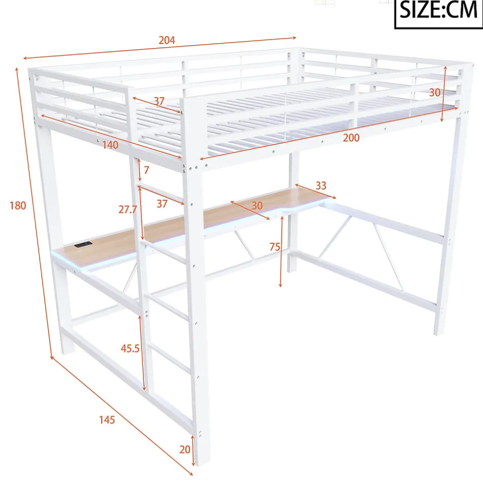 ModernLuxe Lit mezzanine gaming en métal 140x200cm - avec bureau - avec éclairage LED et port de chargement USB - Blanc(sans matelas)