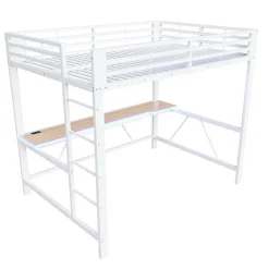 ModernLuxe Lit mezzanine gaming en métal 140x200cm - avec bureau - avec éclairage LED et port de chargement USB - Blanc(sans matelas)