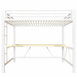 ModernLuxe Lit mezzanine gaming en métal 140x200cm - avec bureau - avec éclairage LED et port de chargement USB - Blanc(sans matelas)