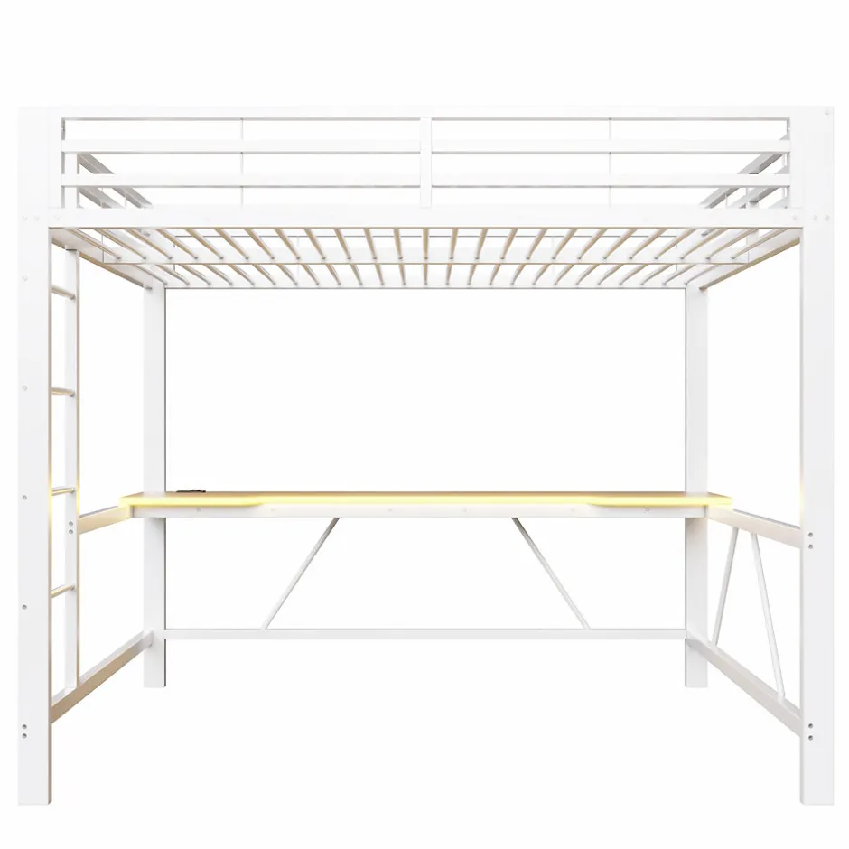 ModernLuxe Lit mezzanine gaming en métal 140x200cm - avec bureau - avec éclairage LED et port de chargement USB - Blanc(sans matelas)
