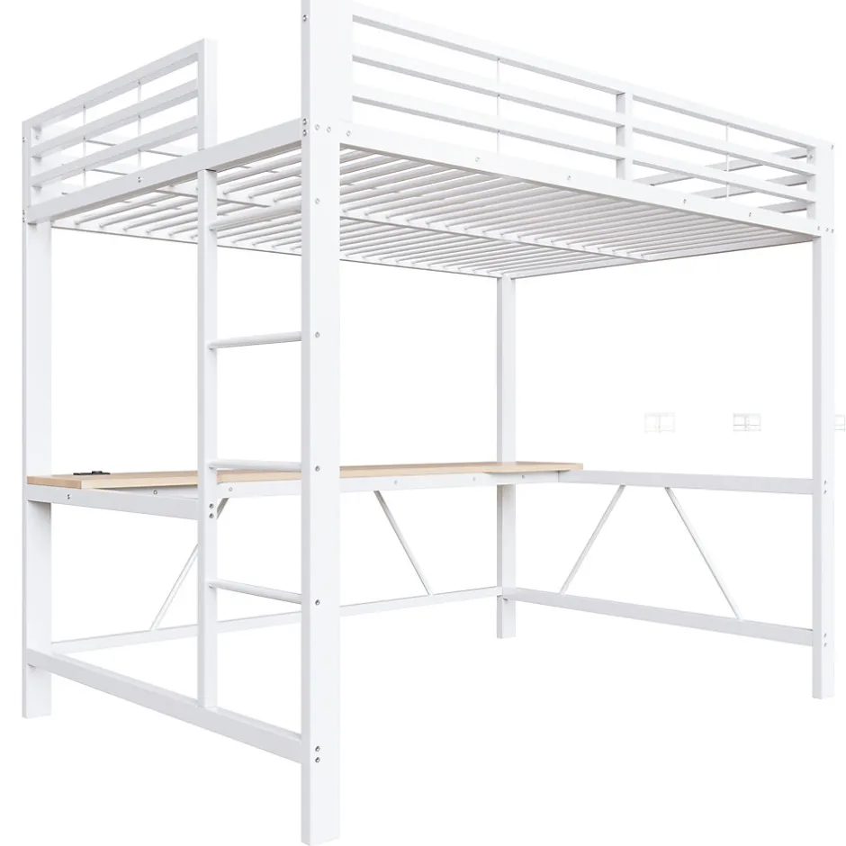 ModernLuxe Lit mezzanine gaming en métal 140x200cm - avec bureau - avec éclairage LED et port de chargement USB - Blanc(sans matelas)