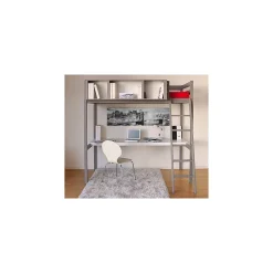 Weber Industries Lit mezzanine LOU 90x190 + 1 sommier + bureau + rangement 3 niches / Gris Taupe
