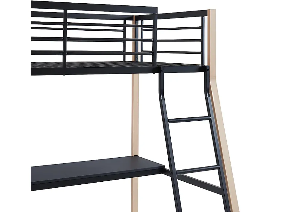 Vente-unique Lit mezzanine MALICIA - 90 x 190 cm - bureau intégré - Noir et chêne + matelas Best