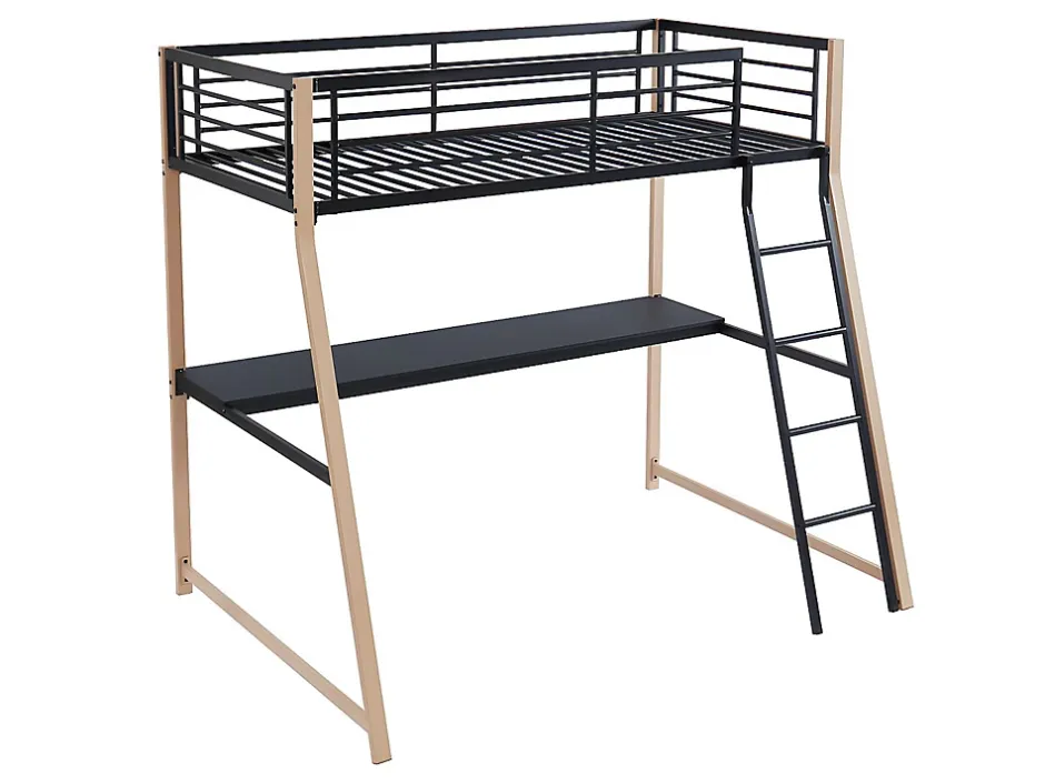 Vente-unique Lit mezzanine MALICIA - 90 x 190 cm - bureau intégré - Noir et chêne + matelas Best