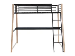 Vente-unique Lit mezzanine MALICIA - 90 x 190 cm - bureau intégré - Noir et chêne + matelas Best
