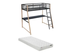 Vente-unique Lit mezzanine MALICIA - 90 x 190 cm - bureau intégré - Noir et chêne + matelas Best