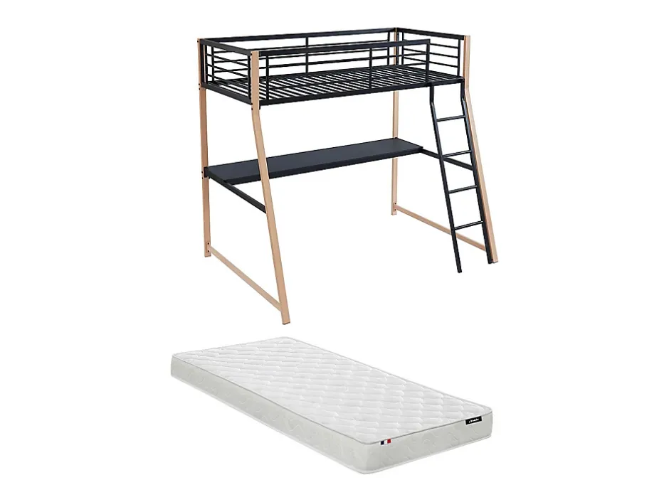 Vente-unique Lit mezzanine MALICIA - 90 x 190 cm - bureau intégré - Noir et chêne + matelas Best