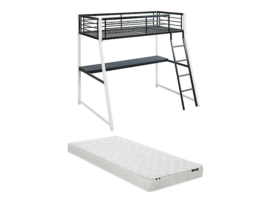 Vente-unique Lit mezzanine MALICIA - 90 x 190 cm - bureau intégré - Noir et blanc + matelas Hot