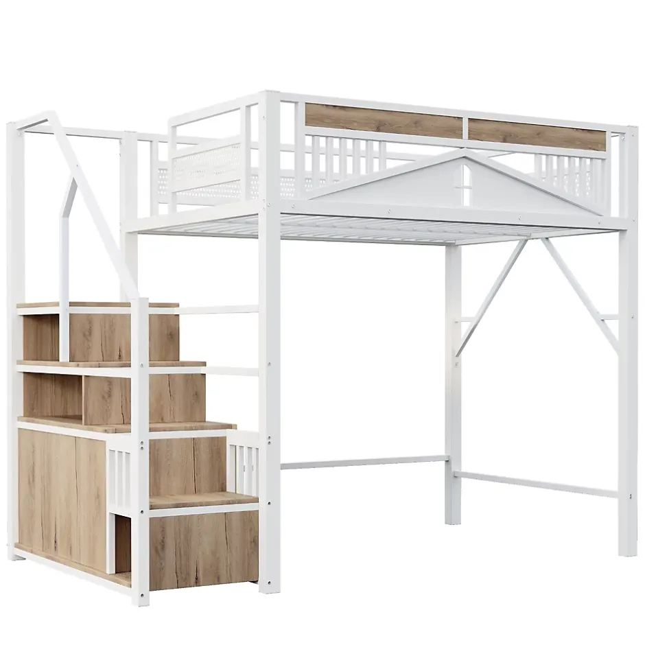 Okwish Lit Mezzanine Métal 140x200 cm avec Fenêtre et Garde-Corps - Blanc, Sans Matelas Online