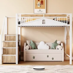 Okwish Lit Mezzanine Métal 140x200 cm avec Fenêtre et Garde-Corps - Blanc, Sans Matelas Online