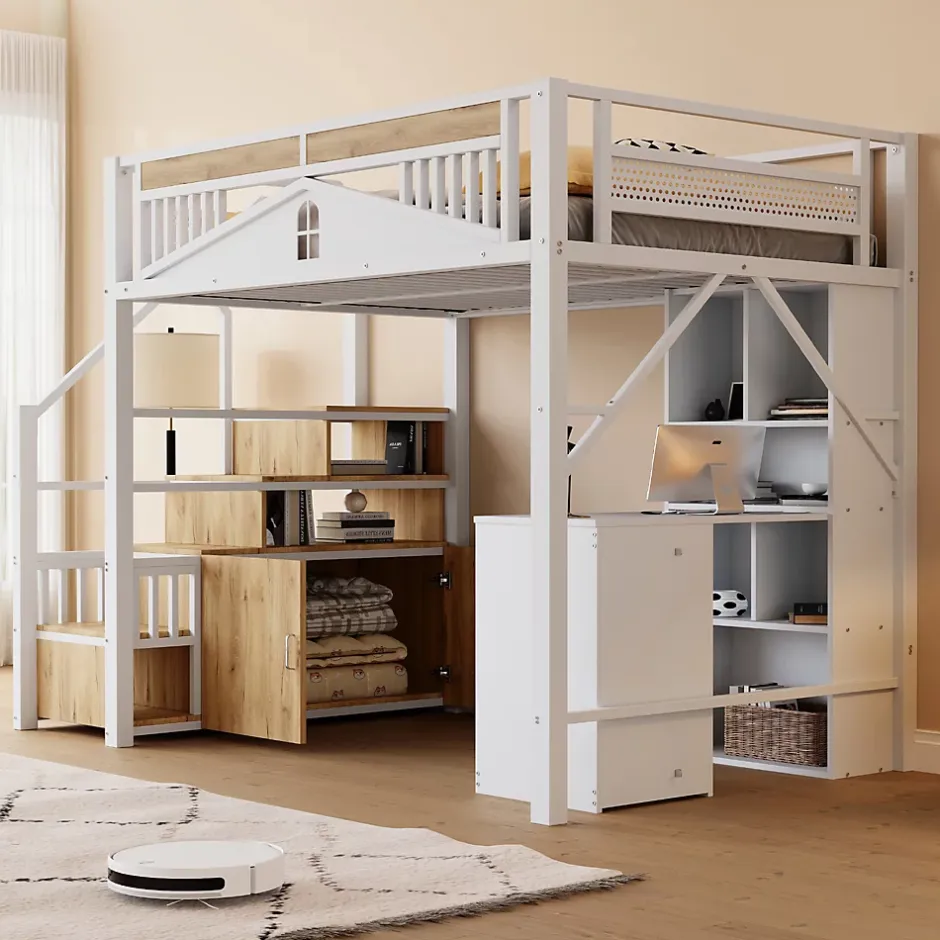 Okwish Lit Mezzanine Métal 140x200 cm avec Fenêtre et Garde-Corps - Blanc, Sans Matelas Online