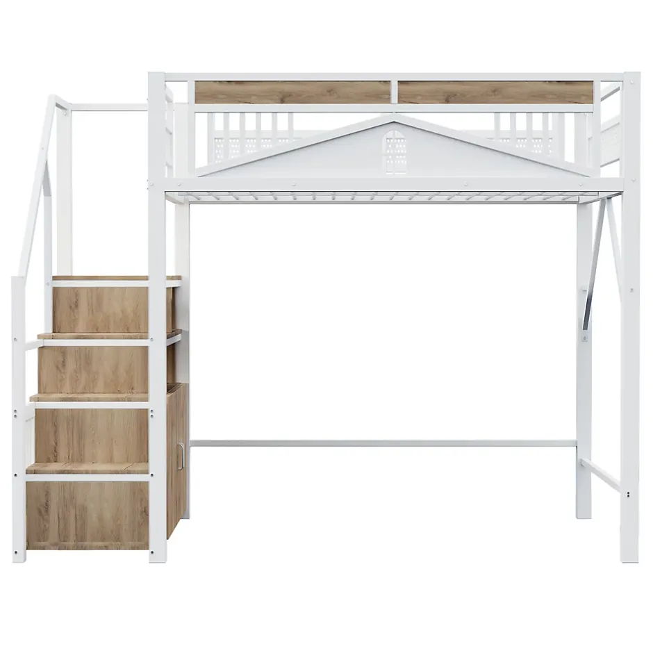 Okwish Lit Mezzanine Métal 140x200 cm avec Fenêtre et Garde-Corps - Blanc, Sans Matelas Online