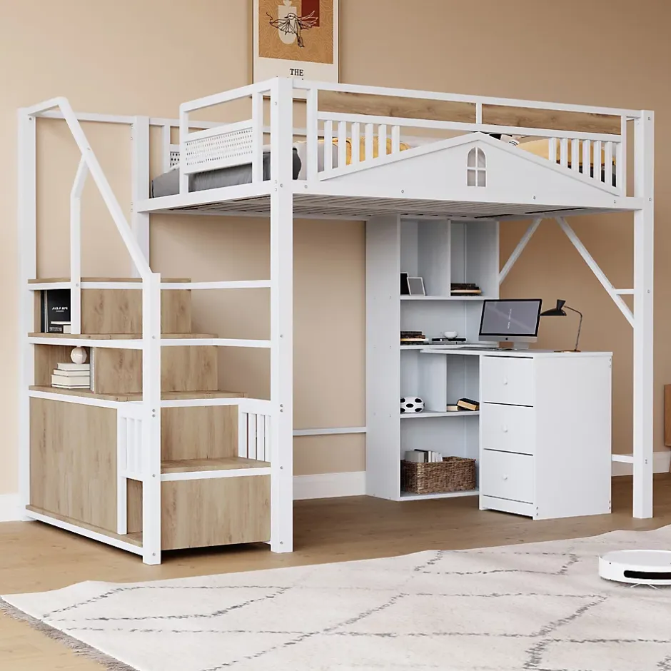 Okwish Lit Mezzanine Métal 140x200 cm avec Fenêtre et Garde-Corps - Blanc, Sans Matelas Online